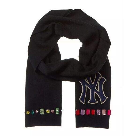 New Gucci NY Yankee Black Wool Scarf With Multi-color Gems - Picture 1 of 11